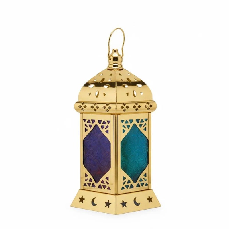 Ramadan Decorative Brass Antique Arabic Lantern With Blue Embossed Traditional Motifs Pattern Glass
